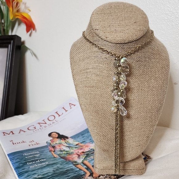 Gold Tone Bead & Cut Crystal Tassel Long Necklace Bohemian Lariat Vintage Bold - Picture 1 of 9